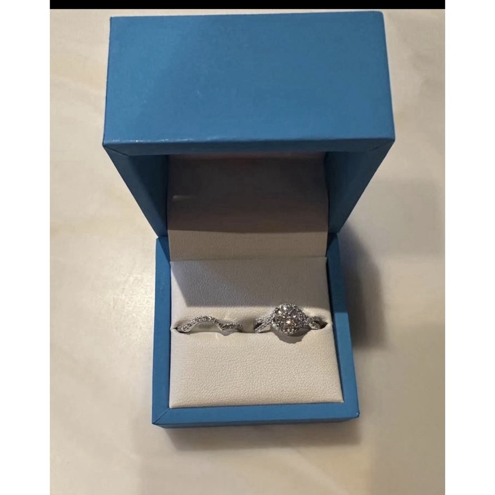 Moissanite‎ Bridal Set By Beverly D Size 7 White Gold Cushion Cut Halo